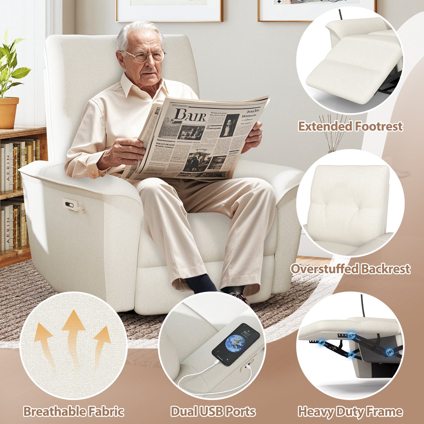 270° Power Swivel Rocker Recliner Chair w/ USB Ports - Beige-Gray