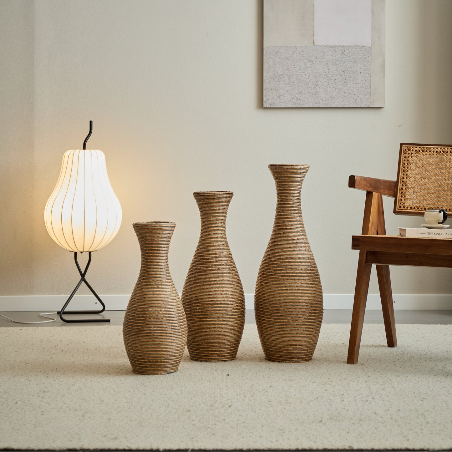 3-Piece Artificial Rattan Floor Vase Set – Decorative Accent for Living Room, Hallway & Entryway, Ideal for Dried or Silk Flower Arrangements, Beige