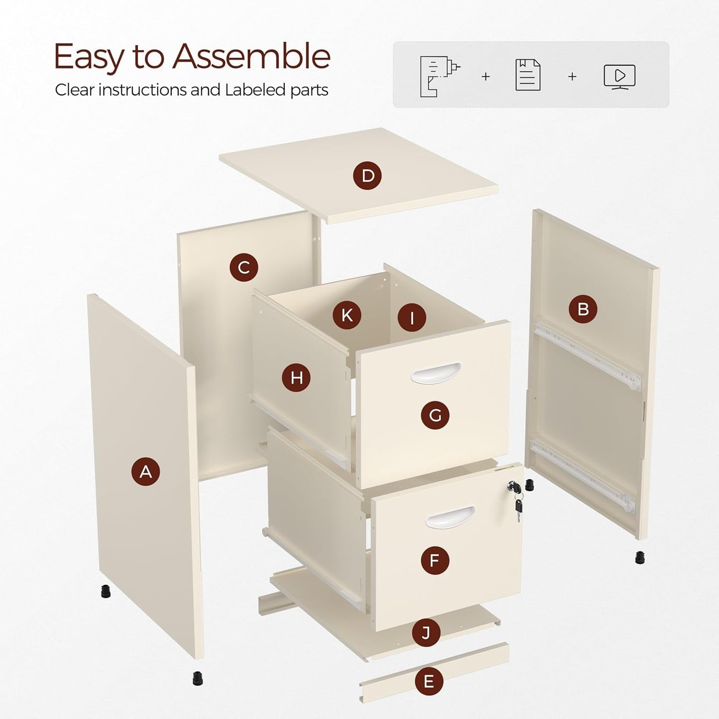 Cream Metal 2 Drawer Locking File Cabinet For Hanging Files A4 And Letter Documents