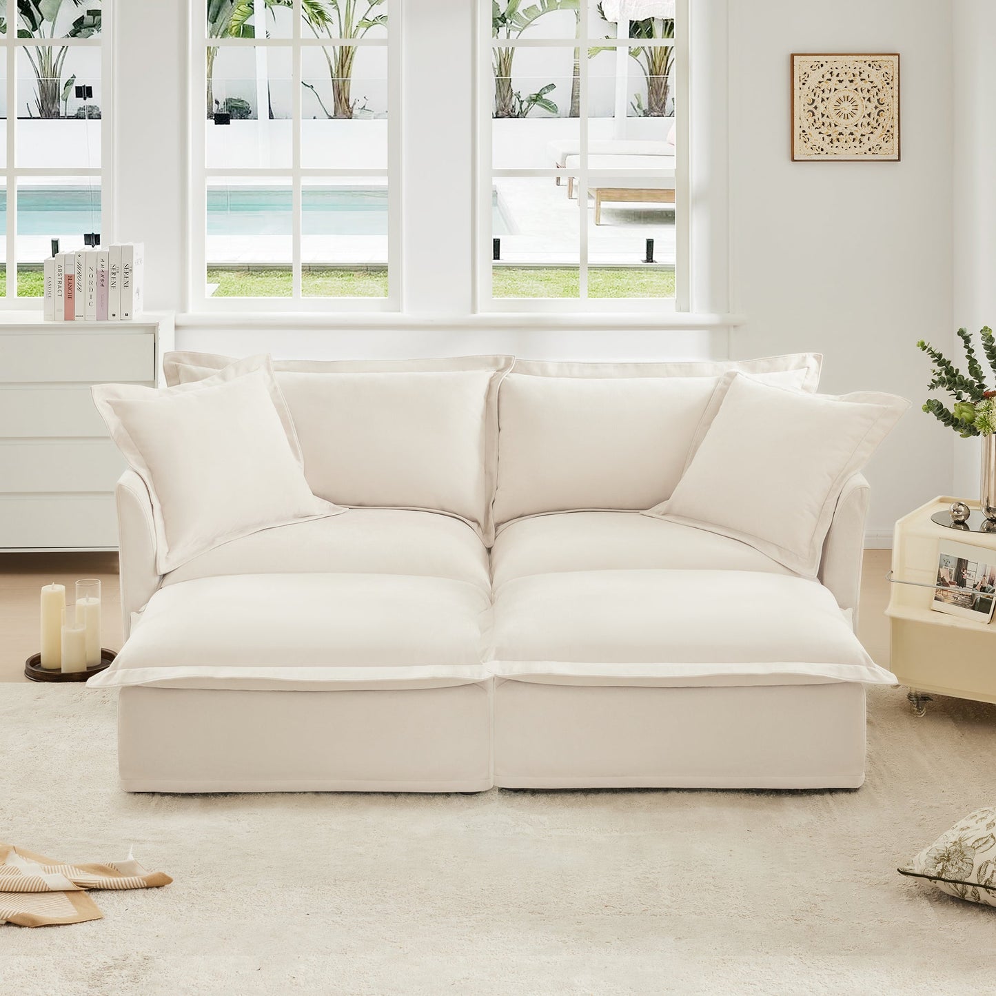 Slipcovered Sofa 2 Seater Sofa    With 2 Ottomans, 2 Seater Sleeper Sofa Bed Home Theater Oversized Sofa For Living Room, Chenille, Cream