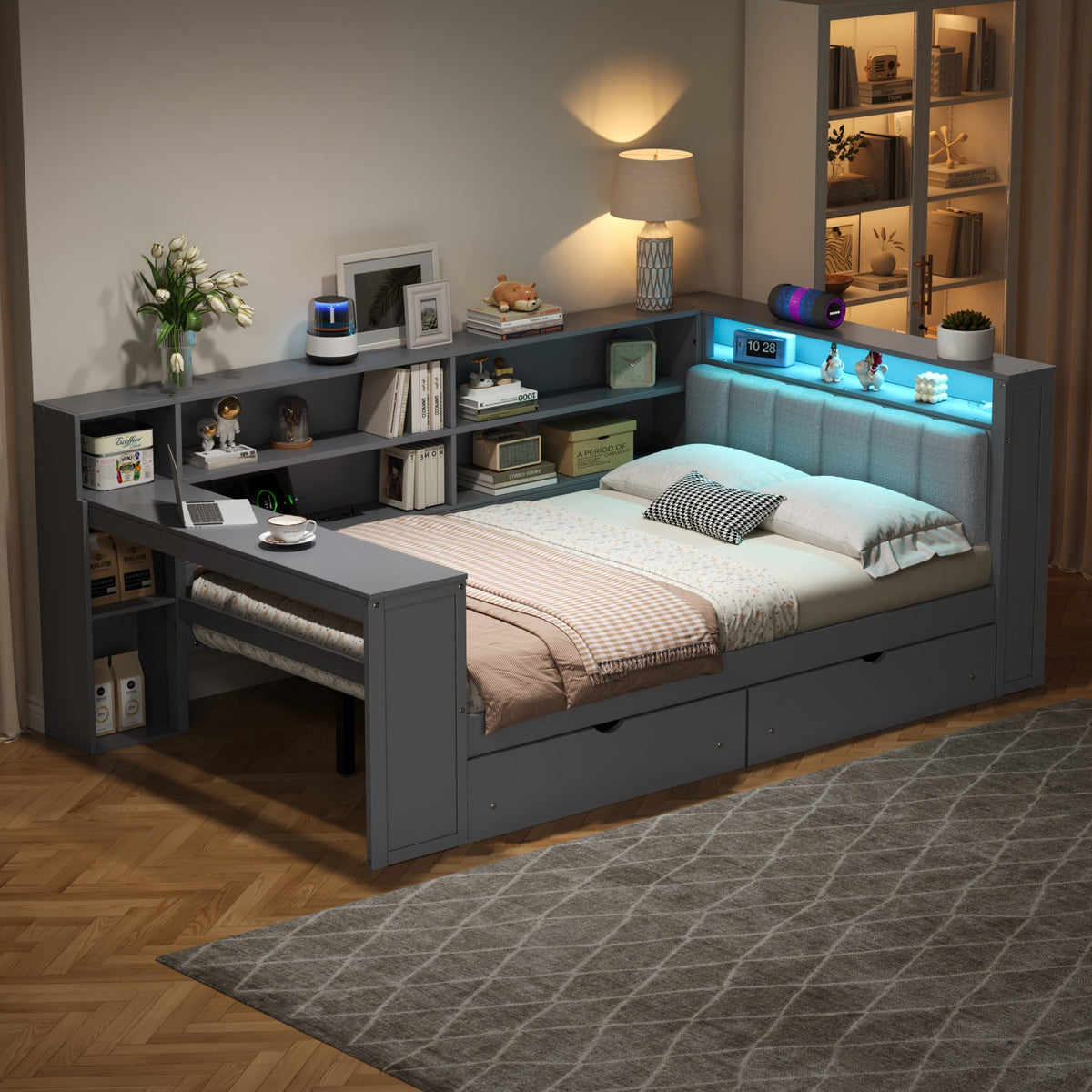 Wood Full Size Platform Bed with Storage Shelves and Charging Station