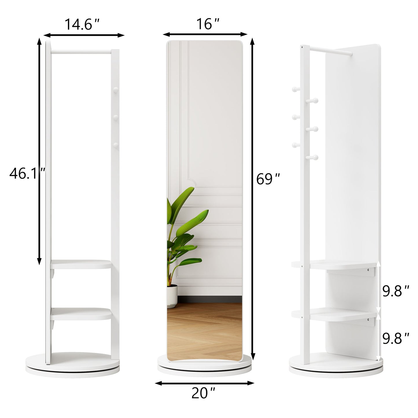 360° Rotating Full Length Mirror with Hook Storage Rack