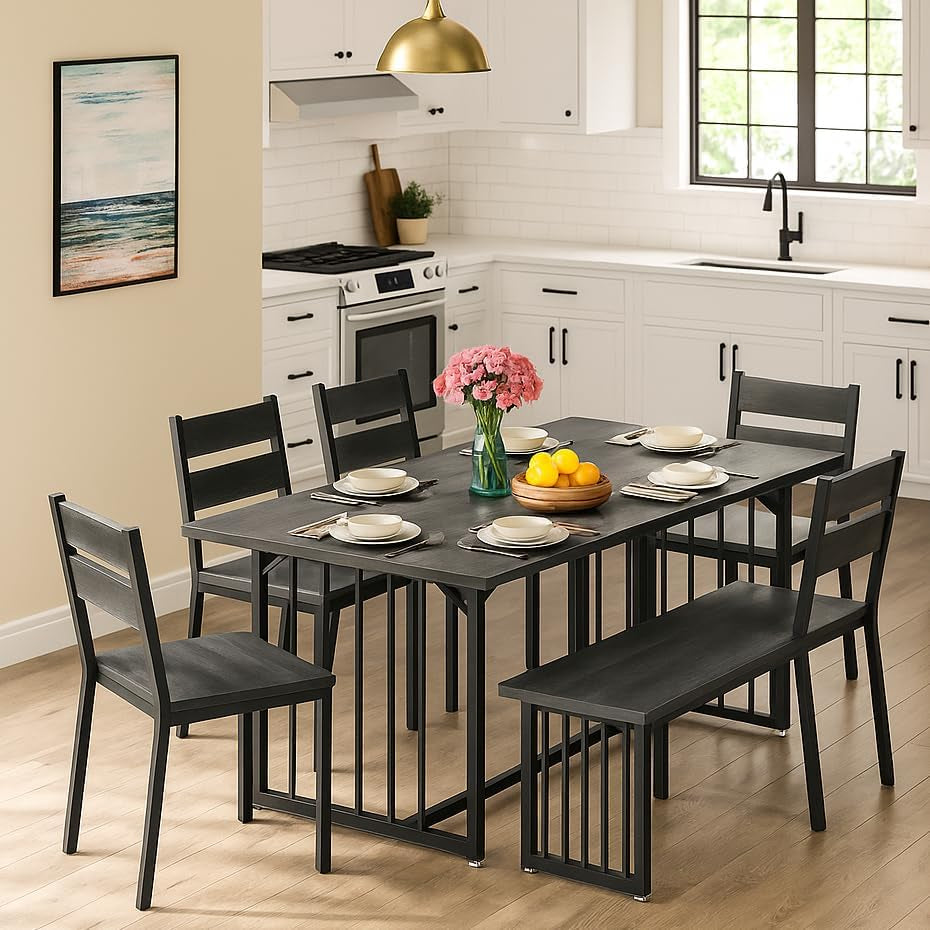 63 Inch Dark Grey Rectangular Dining Table Set Farmhouse