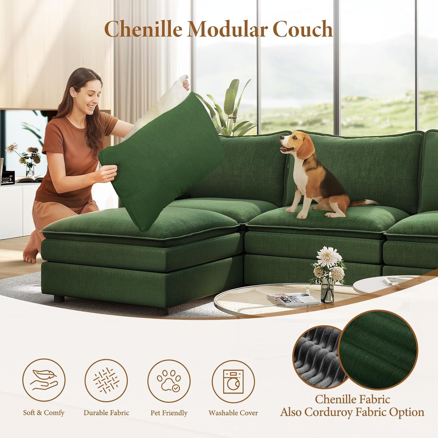 Green 108 Inch DeluxePlus Cloud Sleeper Sectional Sofa
