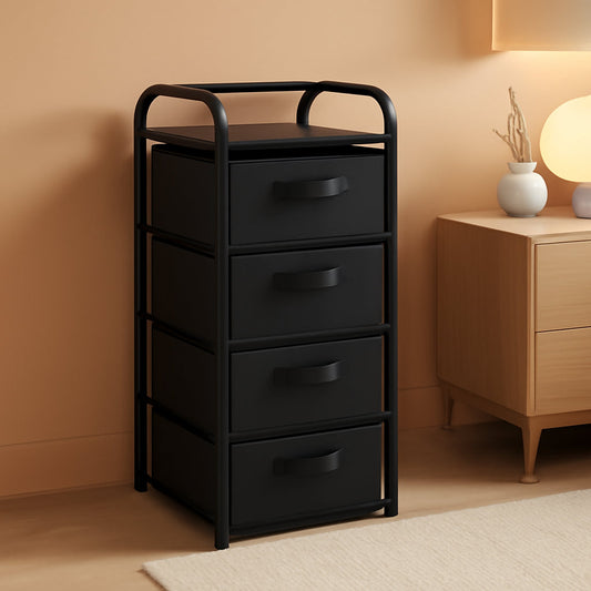 4 Drawer Narrow Fabric Dresser Storage Tower With Wood Top Black