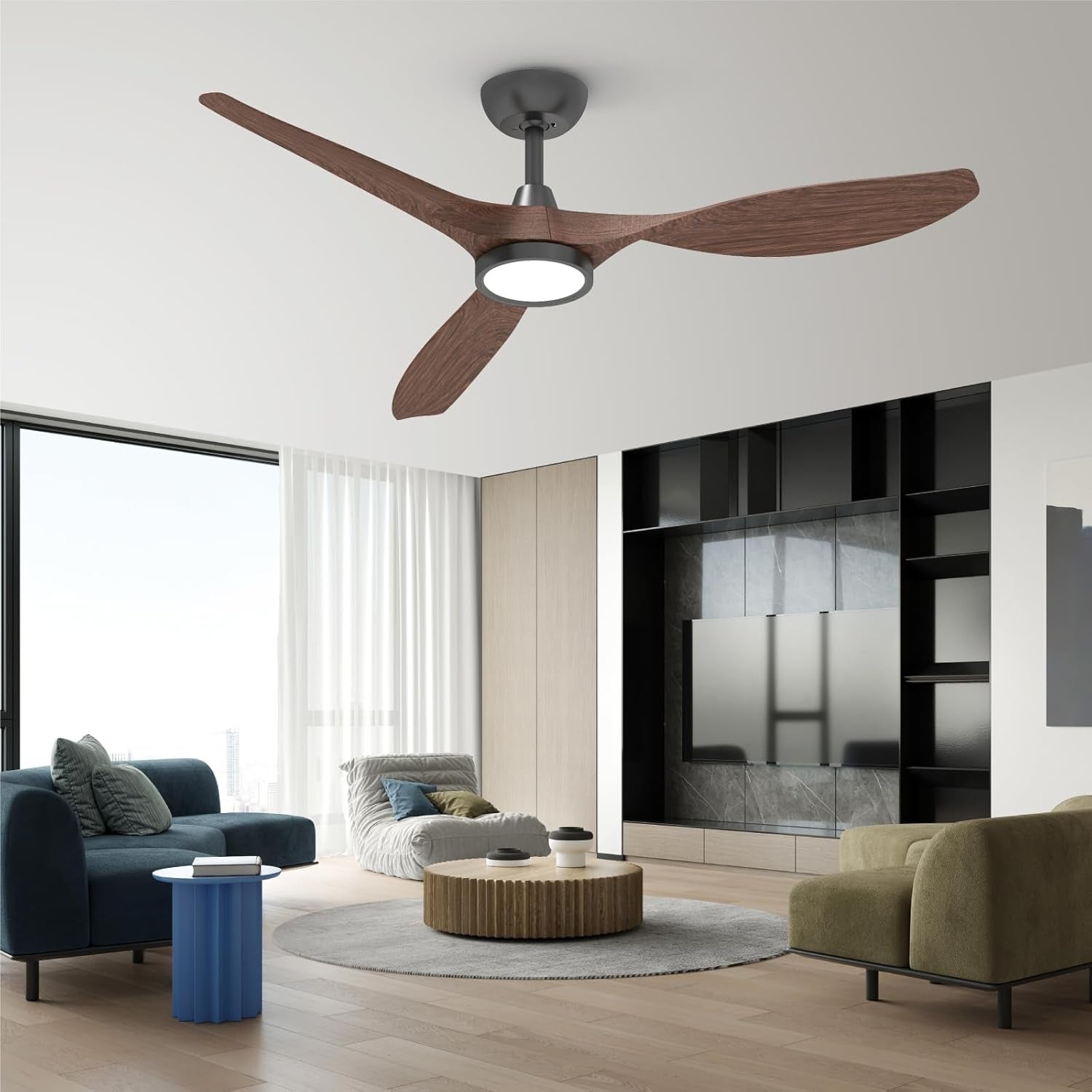 52 Inch Black Ceiling Fan With Lights And Remote Control in a modern living room with light and dark furnishings.