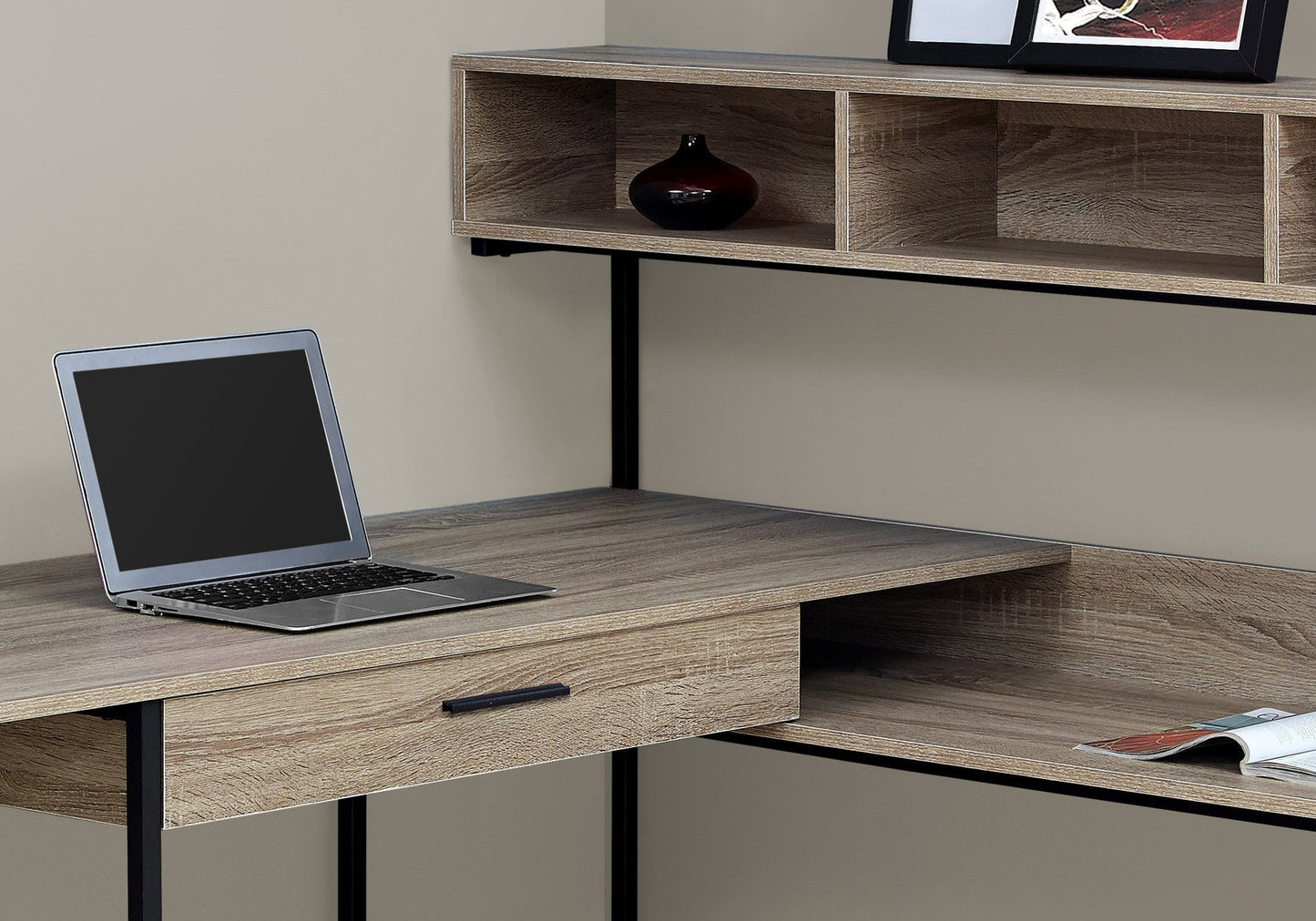 Computer Desk, Home Office, Corner, Storage Drawers, L Shape, Work, Laptop, Brown Laminate, Black Metal, Contemporary, Modern