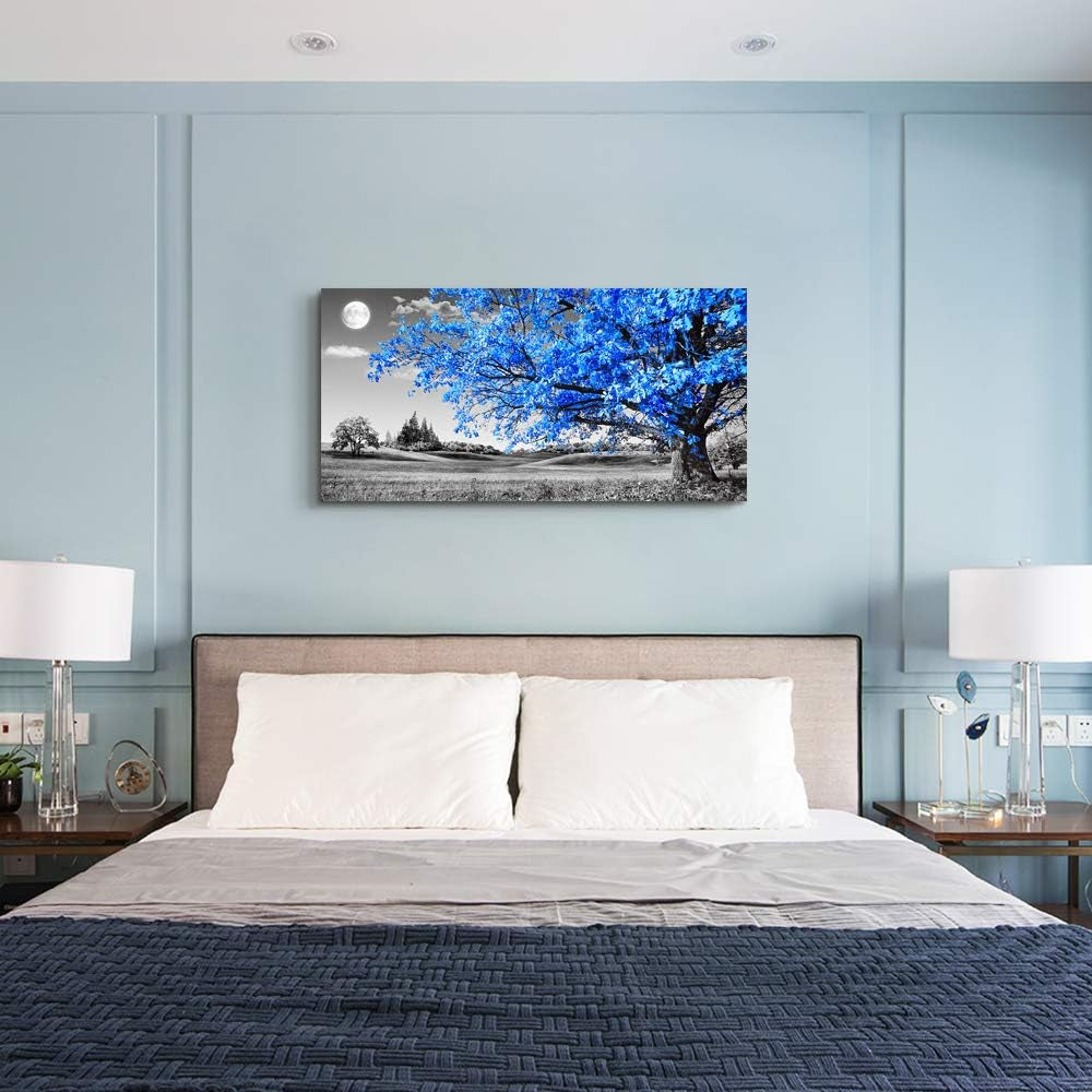 Elegant Blue Moon Tree Landscape Canvas Art – Abstract 20" X 40" Ready to Hang for Living Room and Office Decor