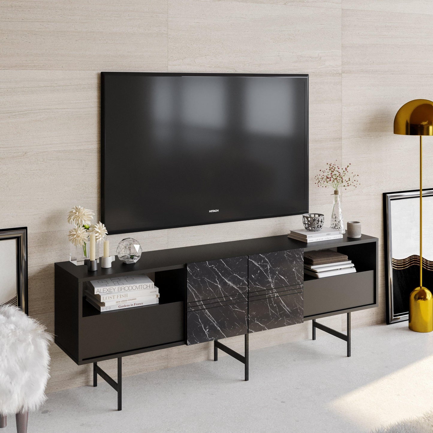 Derin 71" Media Console and TV Stand with Cabinets and Shelves for TVs up to 80"