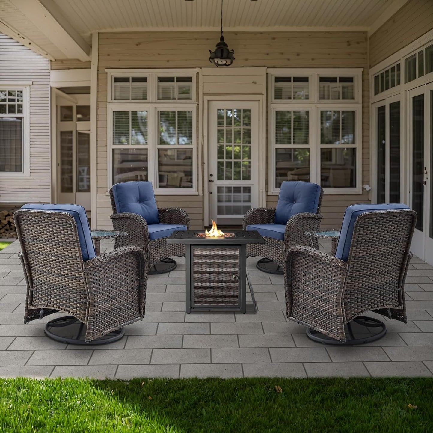 7 Piece Patio Set With Fire Pit Table And Swivel Rocker Chairs