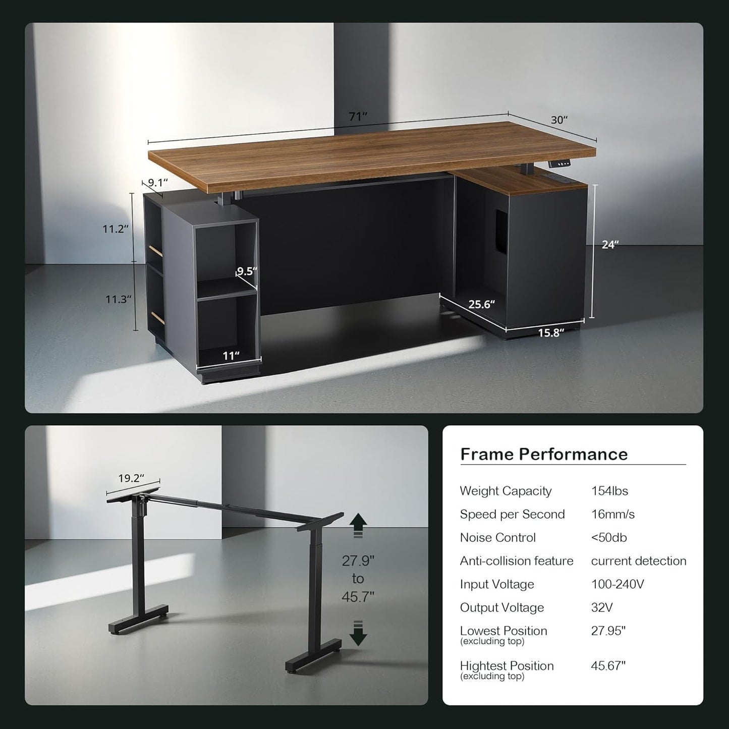 71 Inches Electric Standing Desk Lockable Cabinets