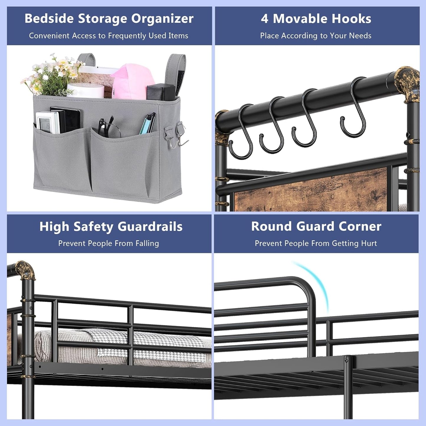 Metal Twin Over Twin Bunk Bed Vintage Brown Safety Rails