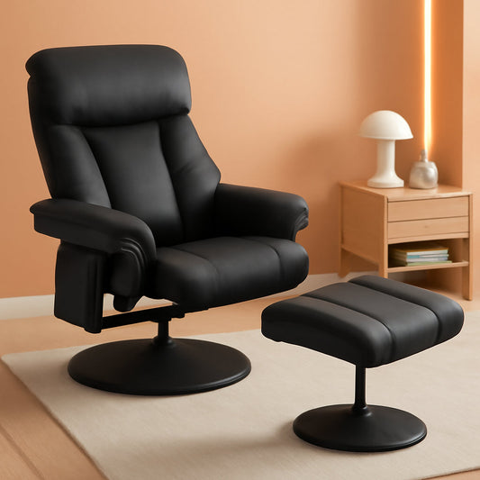 Swivel Recliner With Ottoman Black Faux Leather Massage