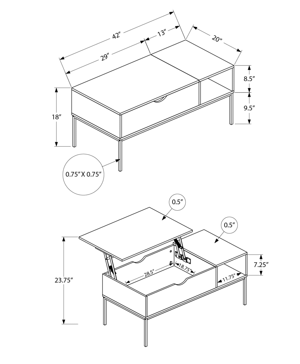 Coffee Table, 42" L, Rectangular, Cocktail, Lift-top