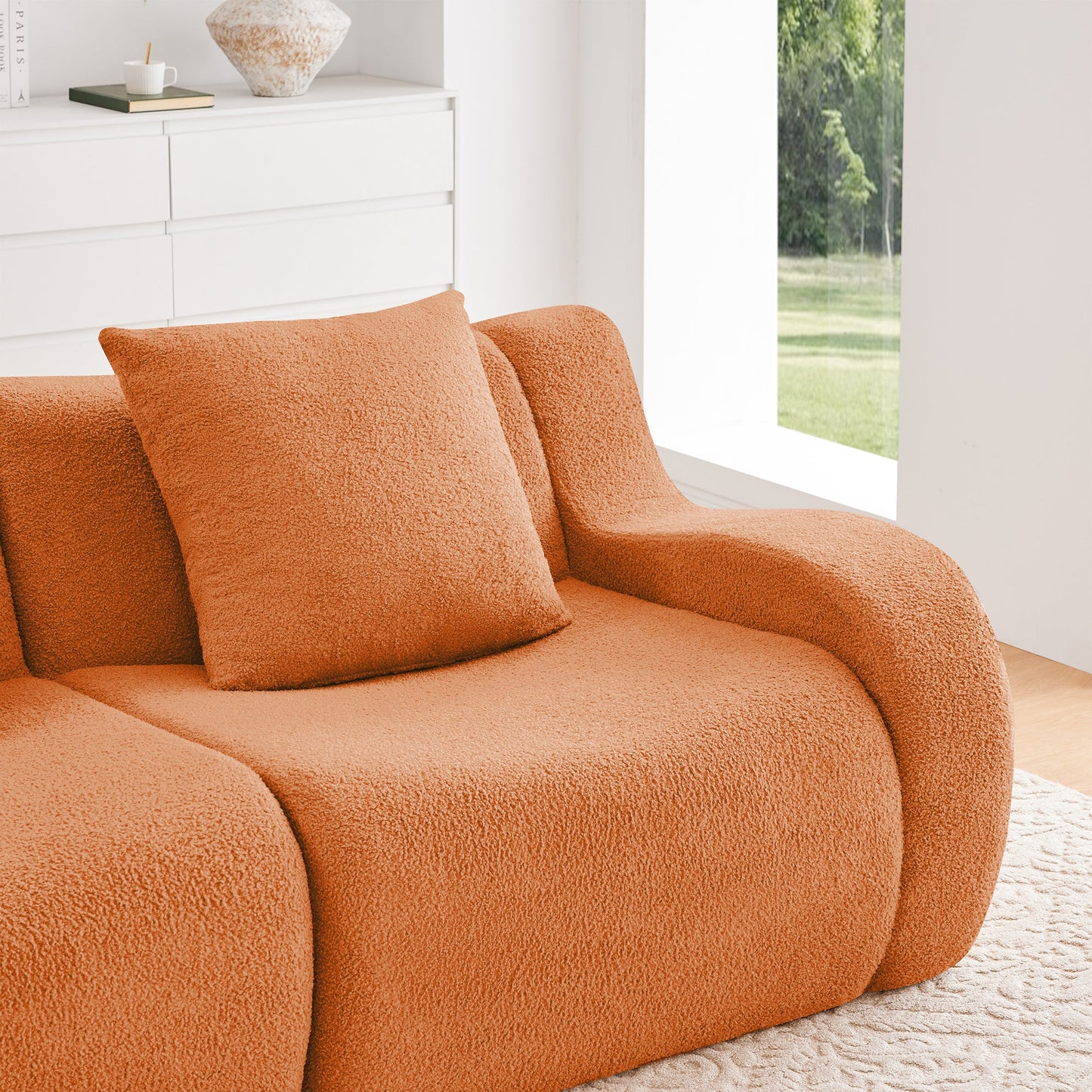 U-Shaped Boneless Sofa,Teddy Fabric No assembly required Curved armrest,Anti-slip Design,Streamlined Design 32D High Density Sponge,Full Compression Vacuum Packag,For Studies living Rooms,Orange