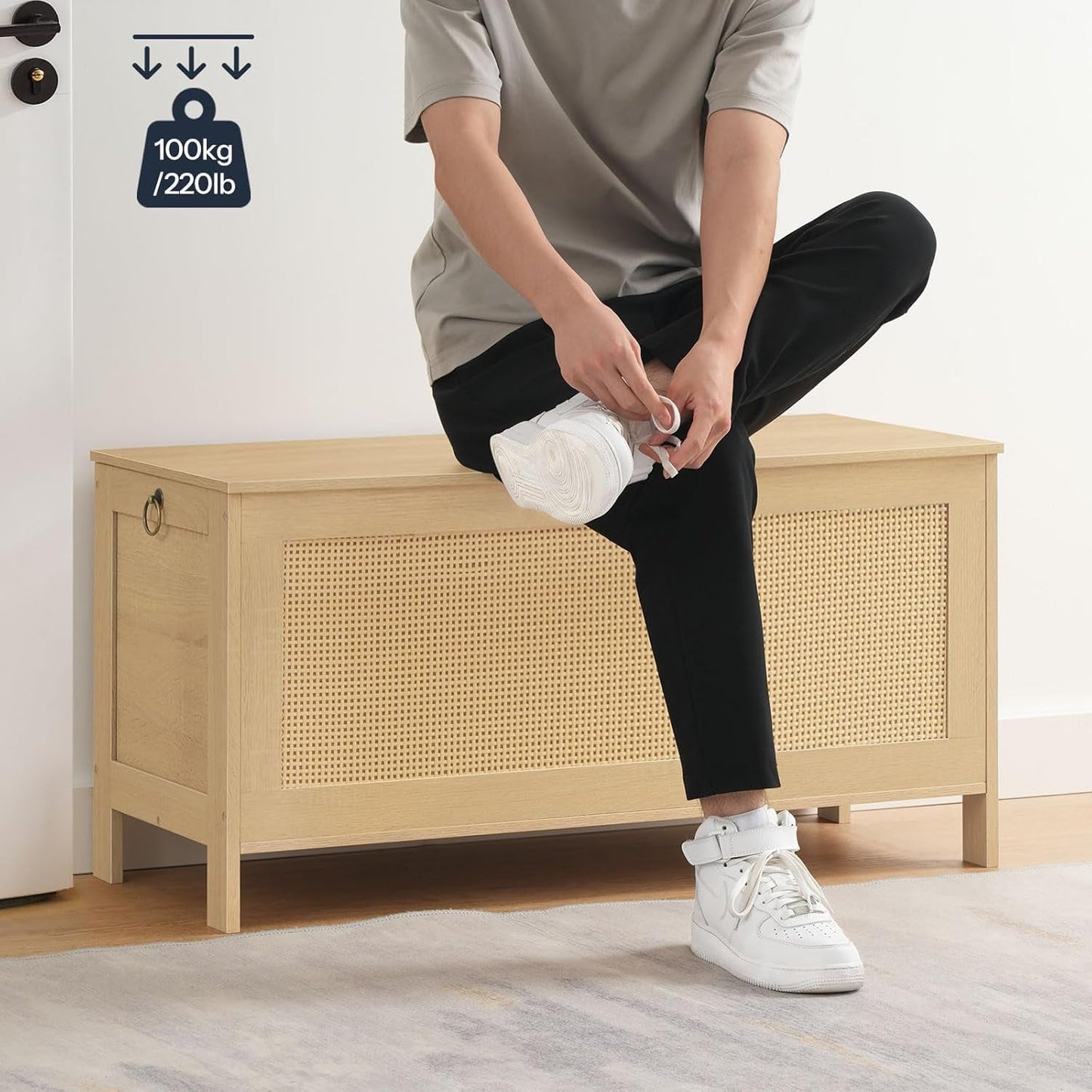 Large Natural Storage Bench with Safety Hinge, 39.4 Inches