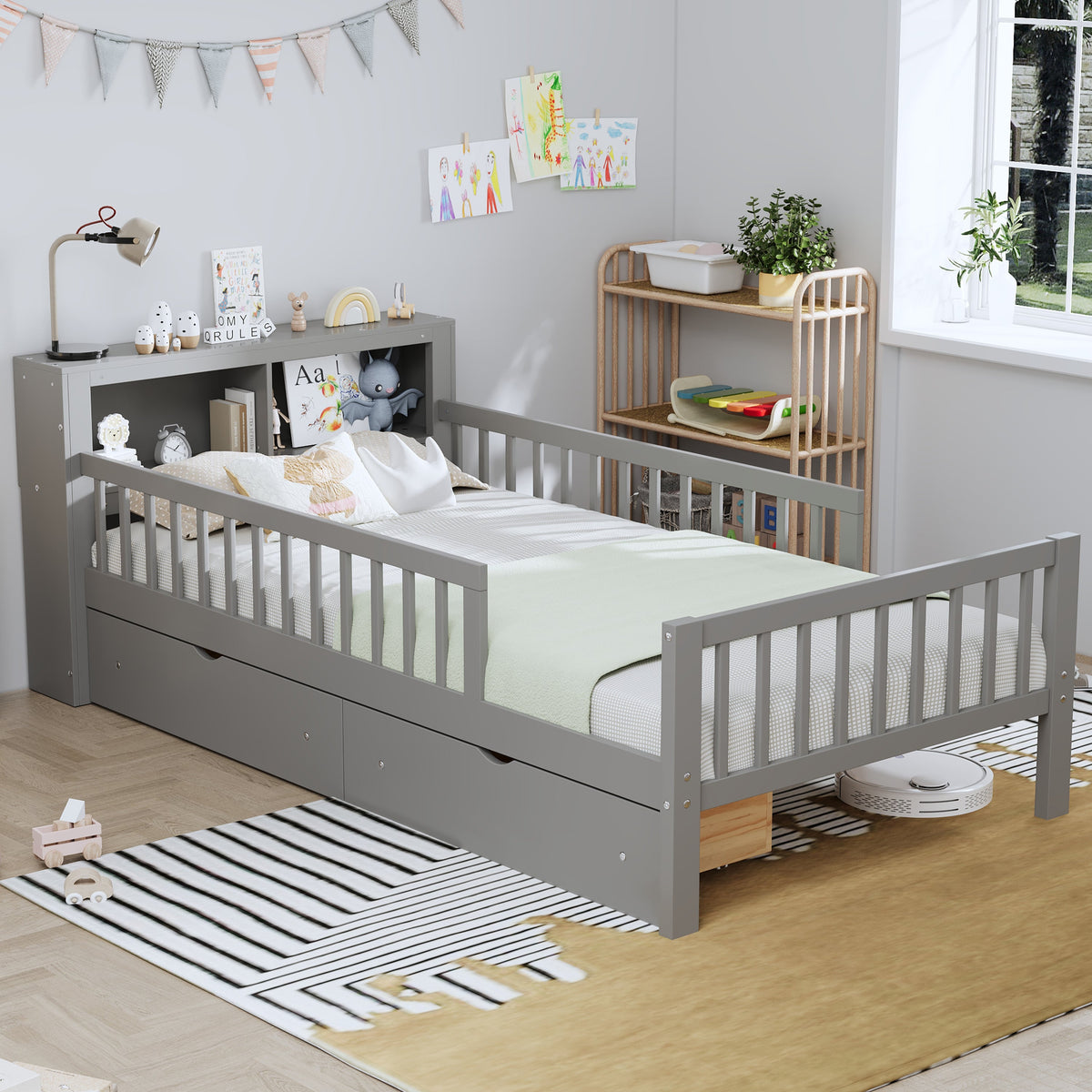 Twin Size Bed with Headboard Storage Rack and Under-Bed Drawers