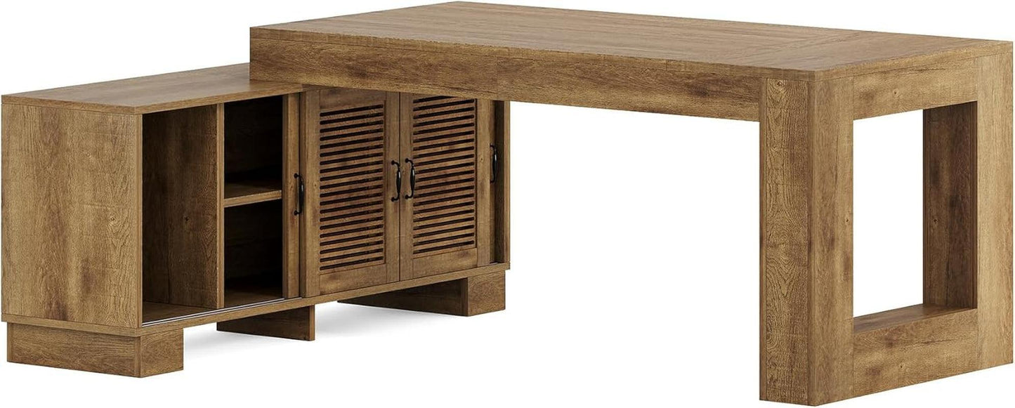 Brown 63 Inch Long L Shaped Desk With Sliding Cabinets