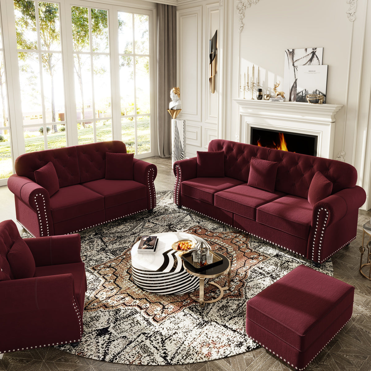 Upholstered Velvet Sofa with Nailhead Trim and Ottoman