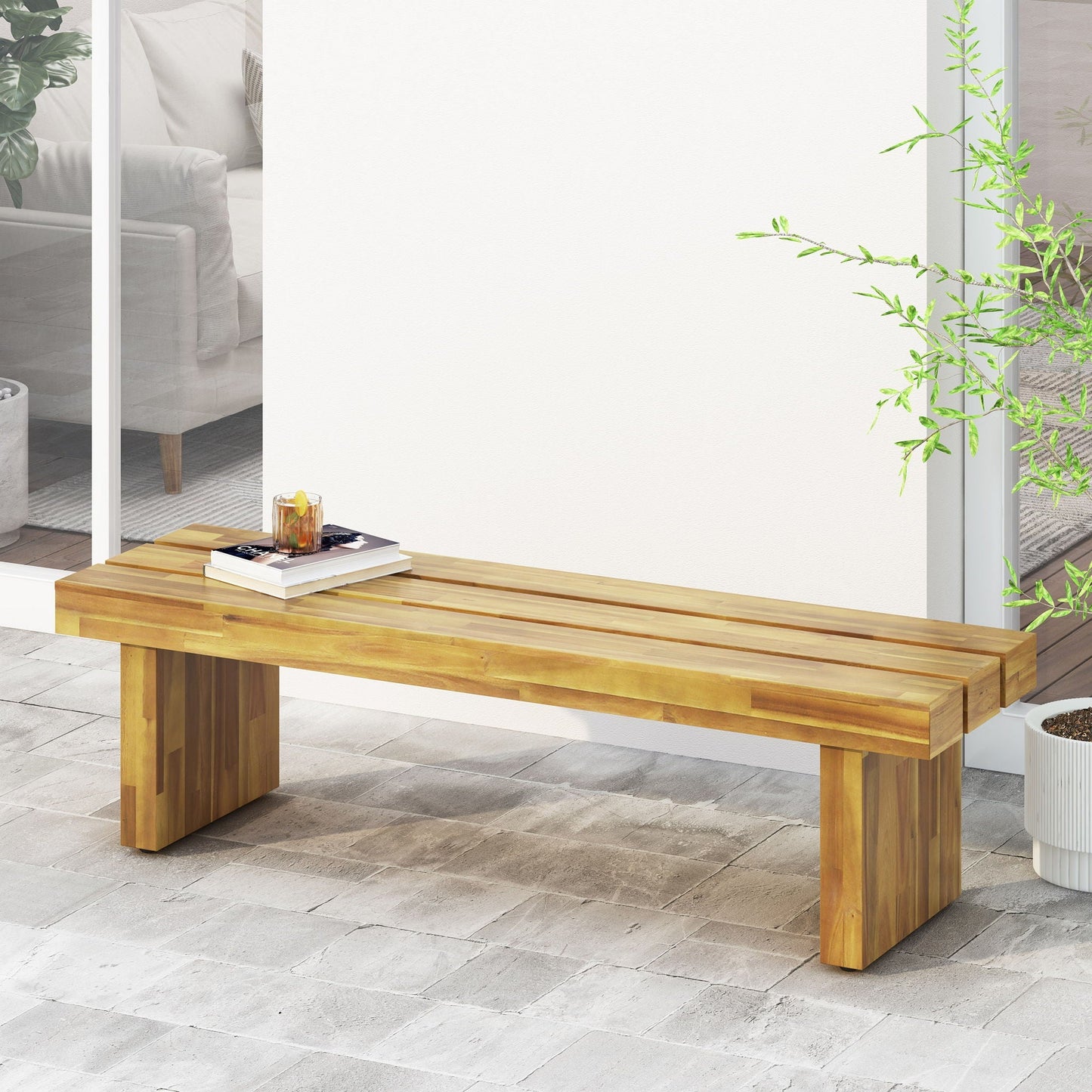 Nahanni Rustic Acacia Wood Bench with Slat Design - Natural