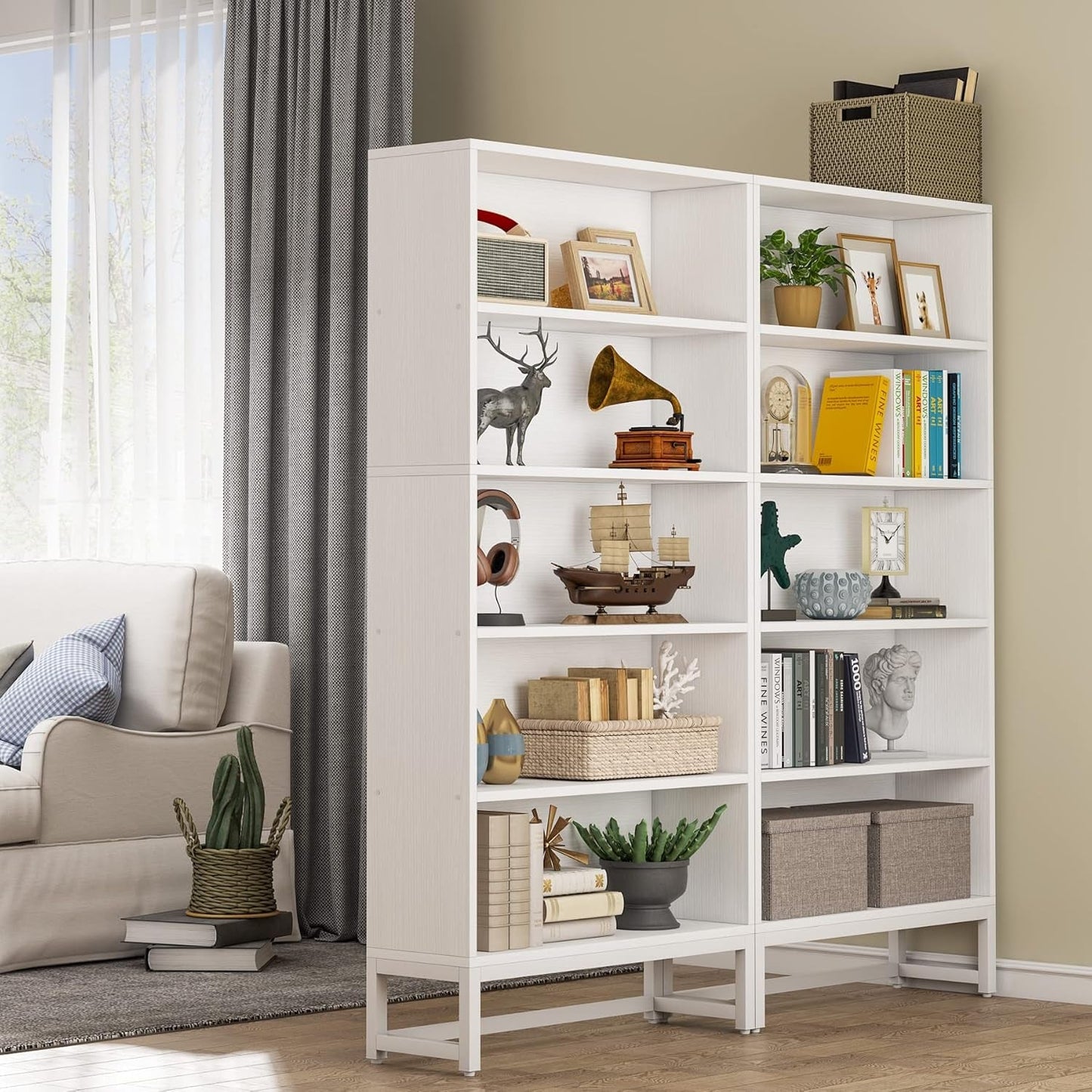 Tall 70.8 Inch Bookcase 5 Tier Heavy Freestanding White