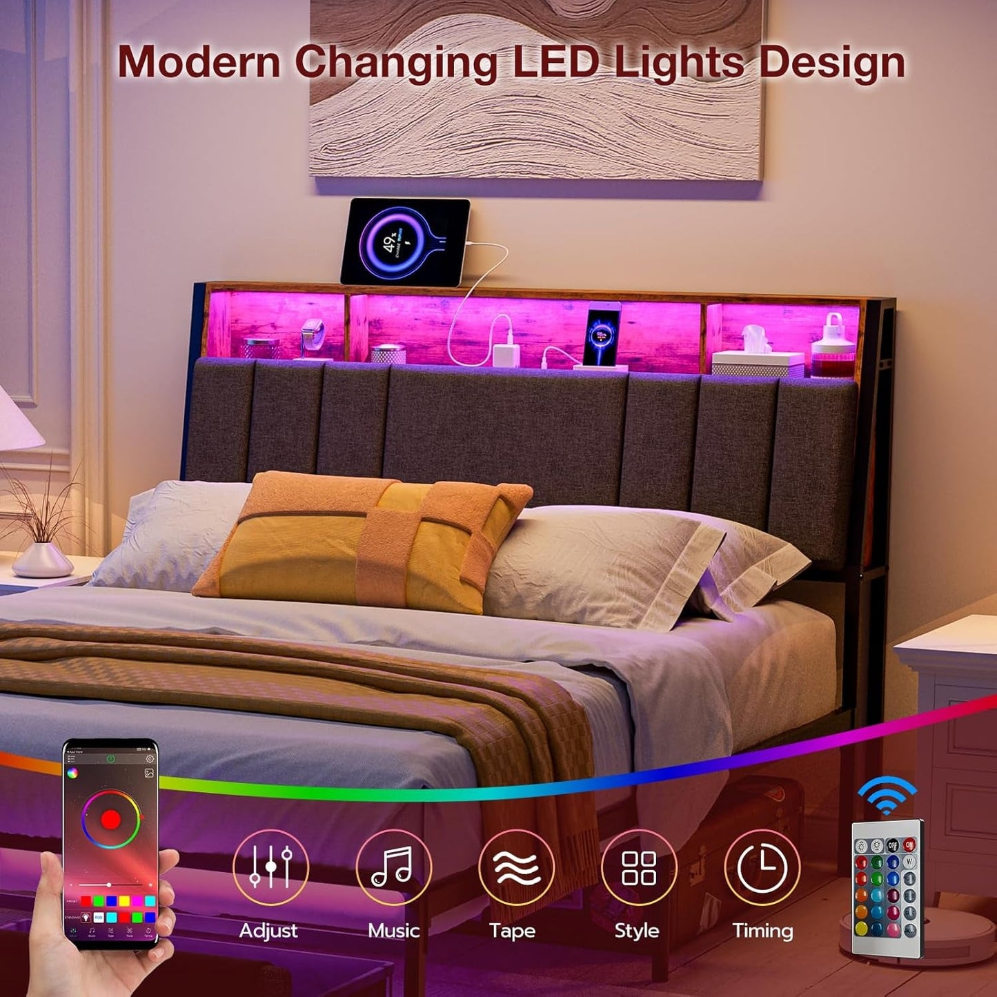 Ergonomic Queen Size Headboard with LED Lights Storage