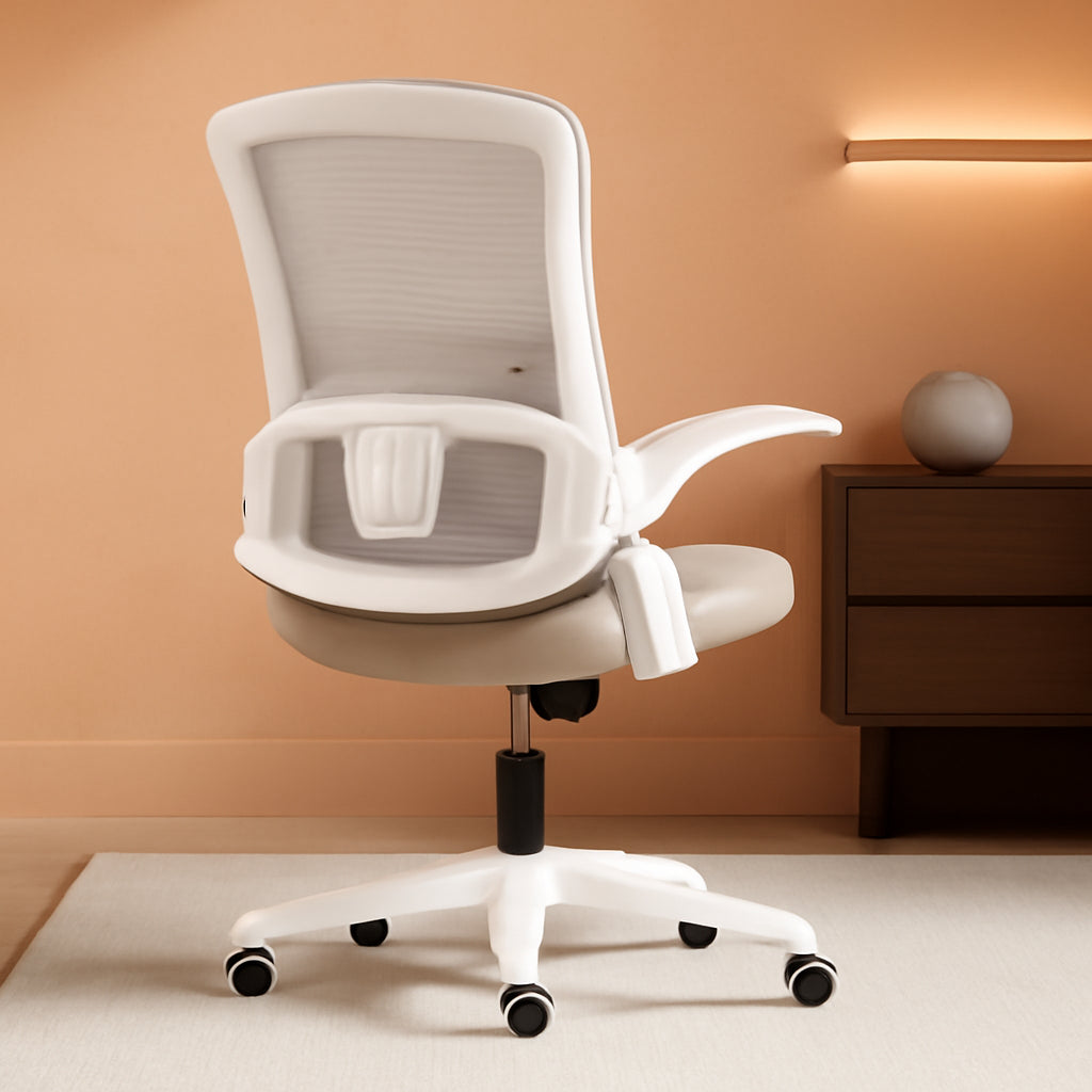Beige High Back Mesh Office Chair With Adjustable Height And Ergonomic Design