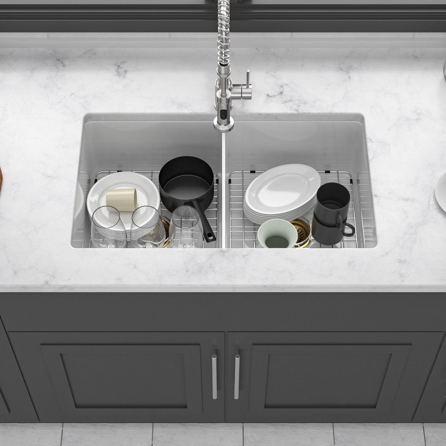 32"x19"x10" Undermount Double Bowl Porcelain Fireclay Kitchen Sink