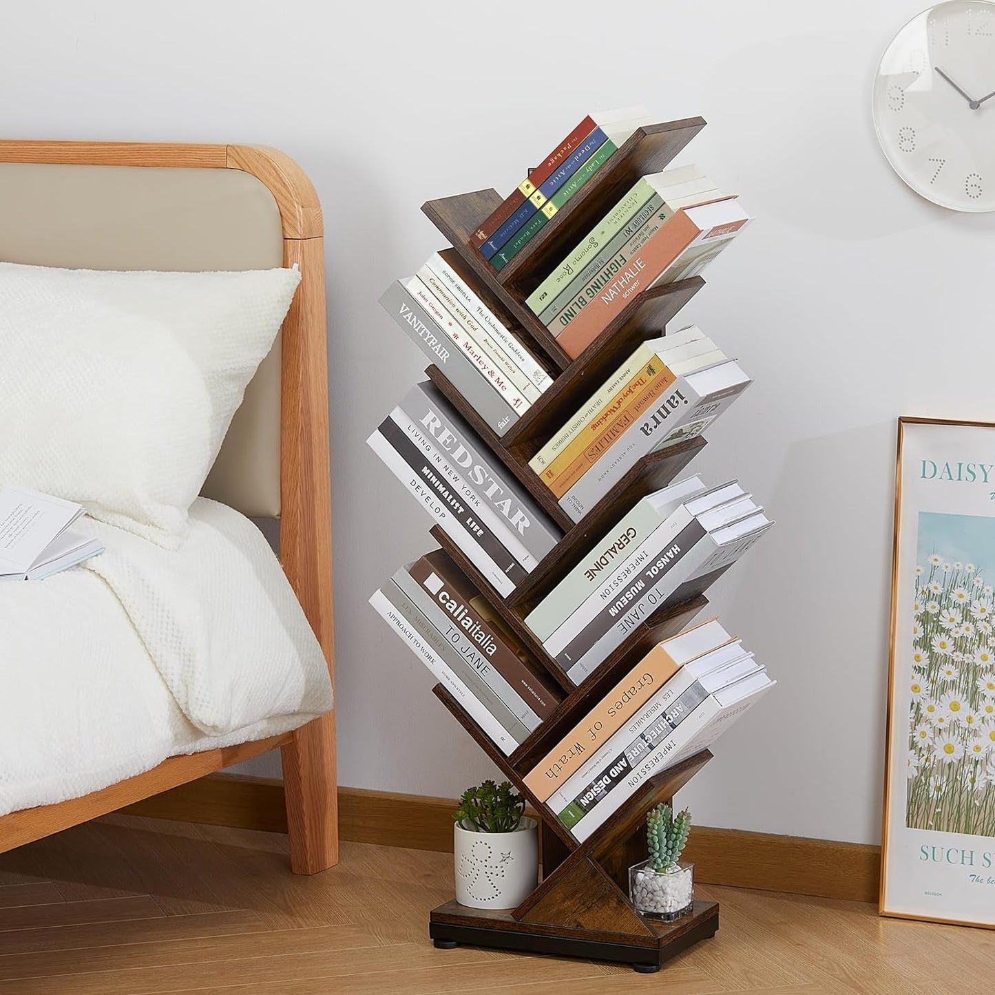 8 Tier Tree Bookshelf Floor Standing Bookcase For Books CDs Rustic Wood