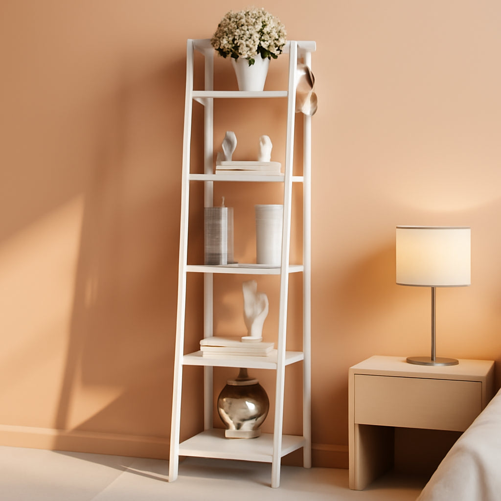 5 Tier White Ladder Shelf Bookcase With Two Hooks For Corner