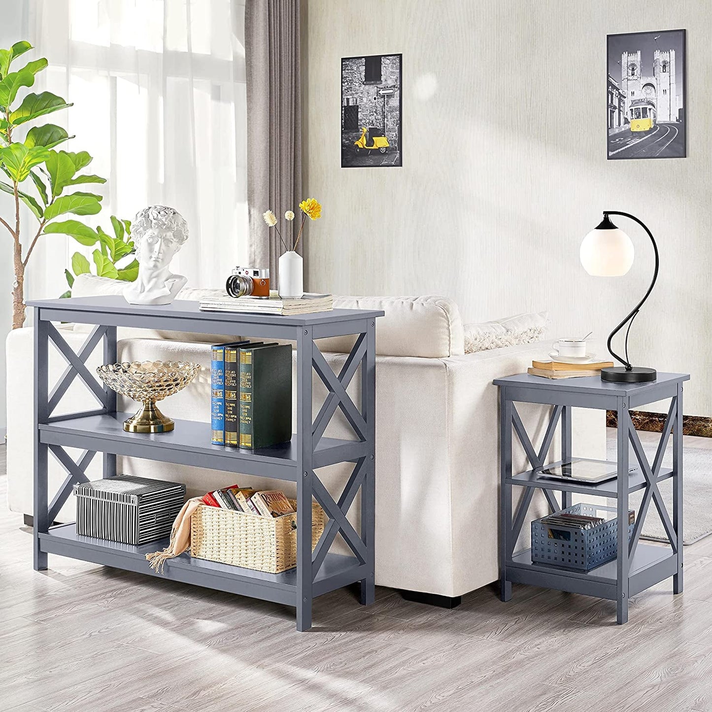 Gray Three Tier Console Table With Storage Shelves