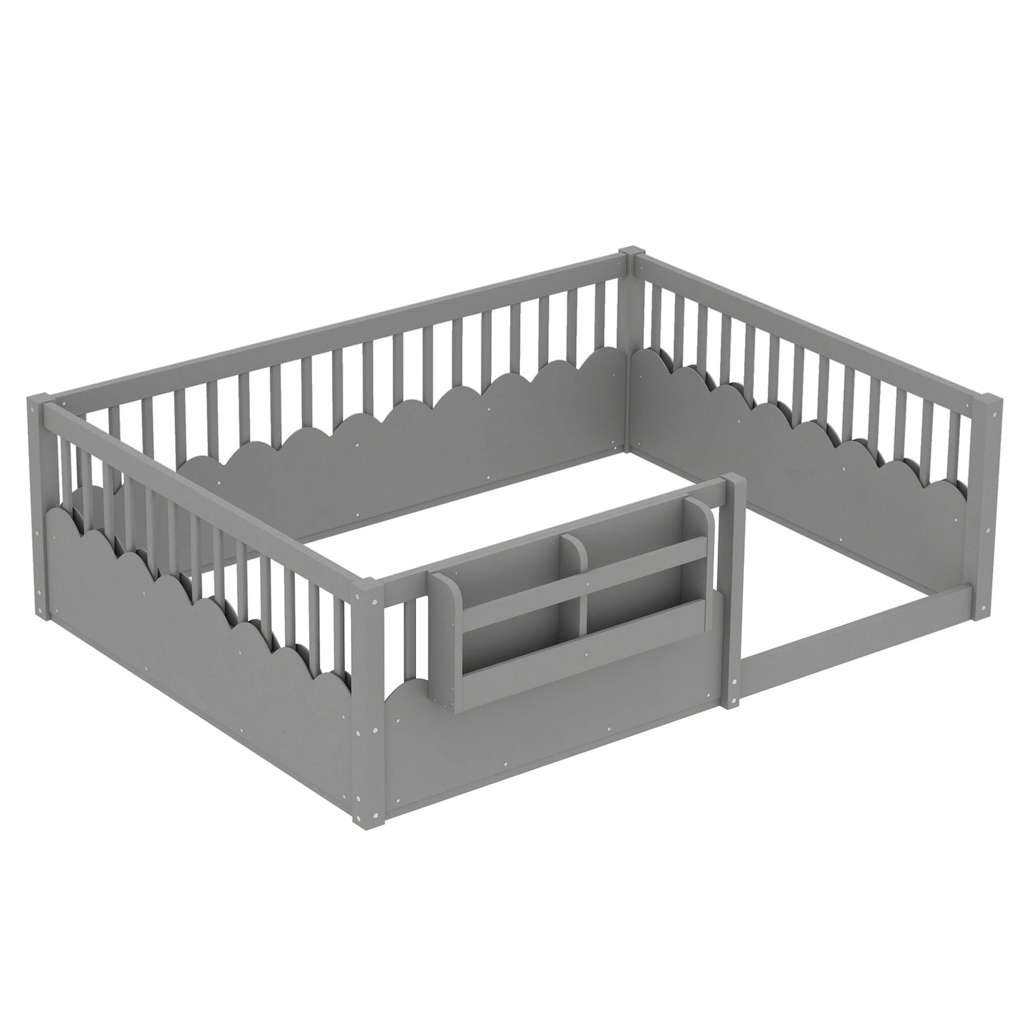 Full Floor bed with Heightened Fence and bookshelf ,Wood Floor Bed for Kids,Gray.