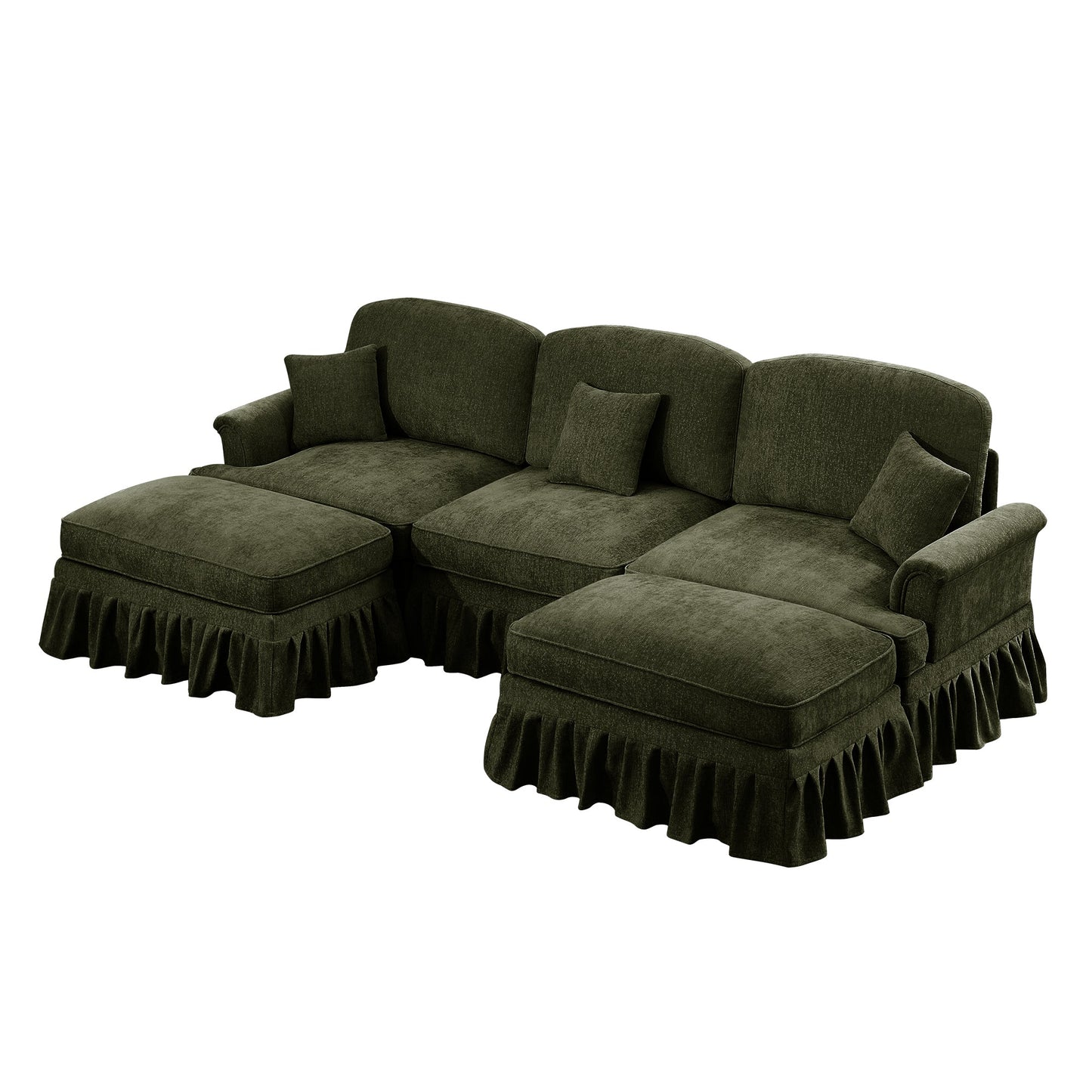 Classic Comfy Modular U Shape Sectional Sofa Couch with Flared Arms and Removable Ruffles Pleats Skirts and Spindle Legs, Upholstered Chenille Deep Seat Cloud Sofa with Movable Ottomans,Green