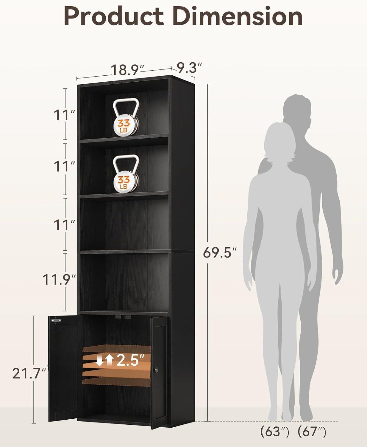 Black Six Tier Floor Standing Bookshelf With Doors