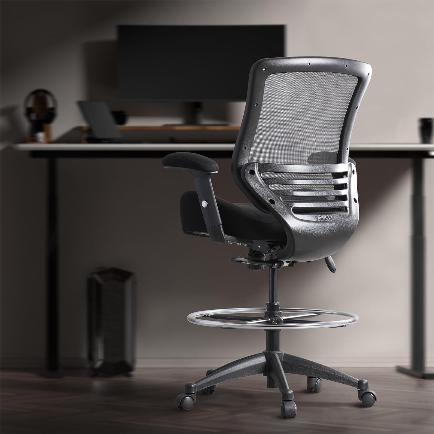 Black Mesh Ergonomic Drafting Chair With Height Adjustable Armrests