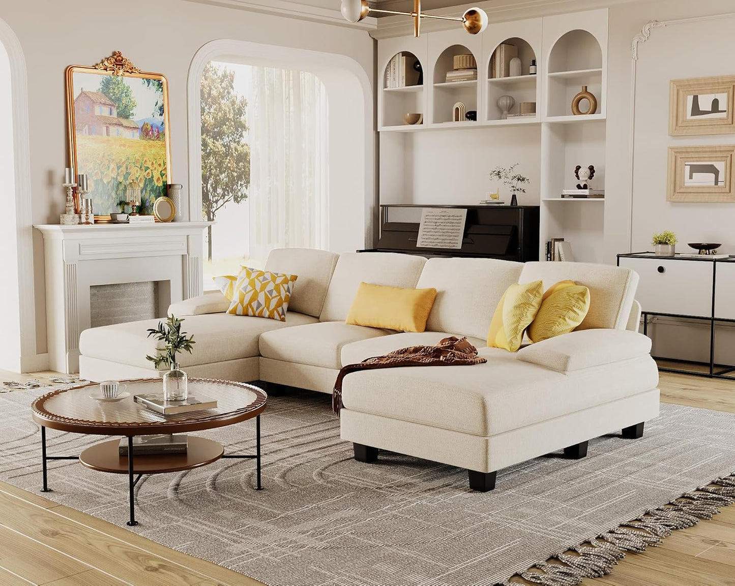 White Linen Sectional Sofa U Shaped 4 Seat Chaise Couch