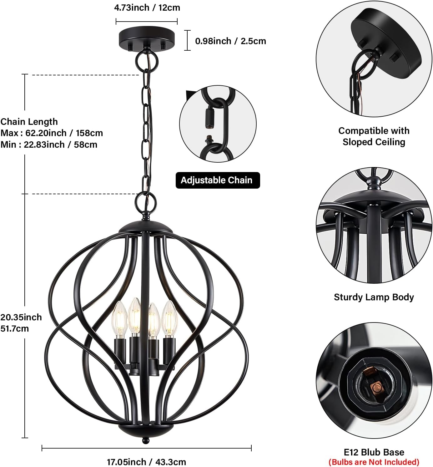 Black Four Light Geometric Pendant Chandelier Dining Room