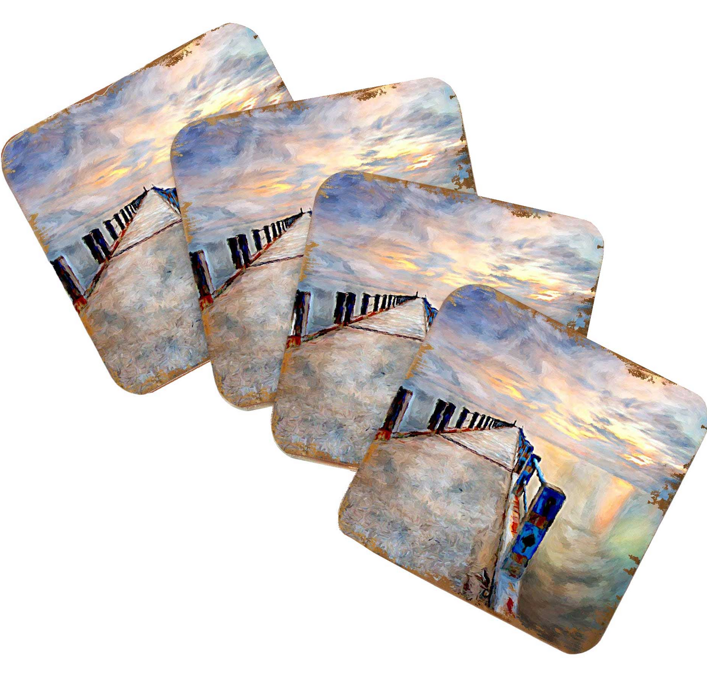 Pier Coastal Wooden Cork Coasters Gift Set of 4 by Nature Wonders - Coastal Sea-Life Decor - 95273C-S4