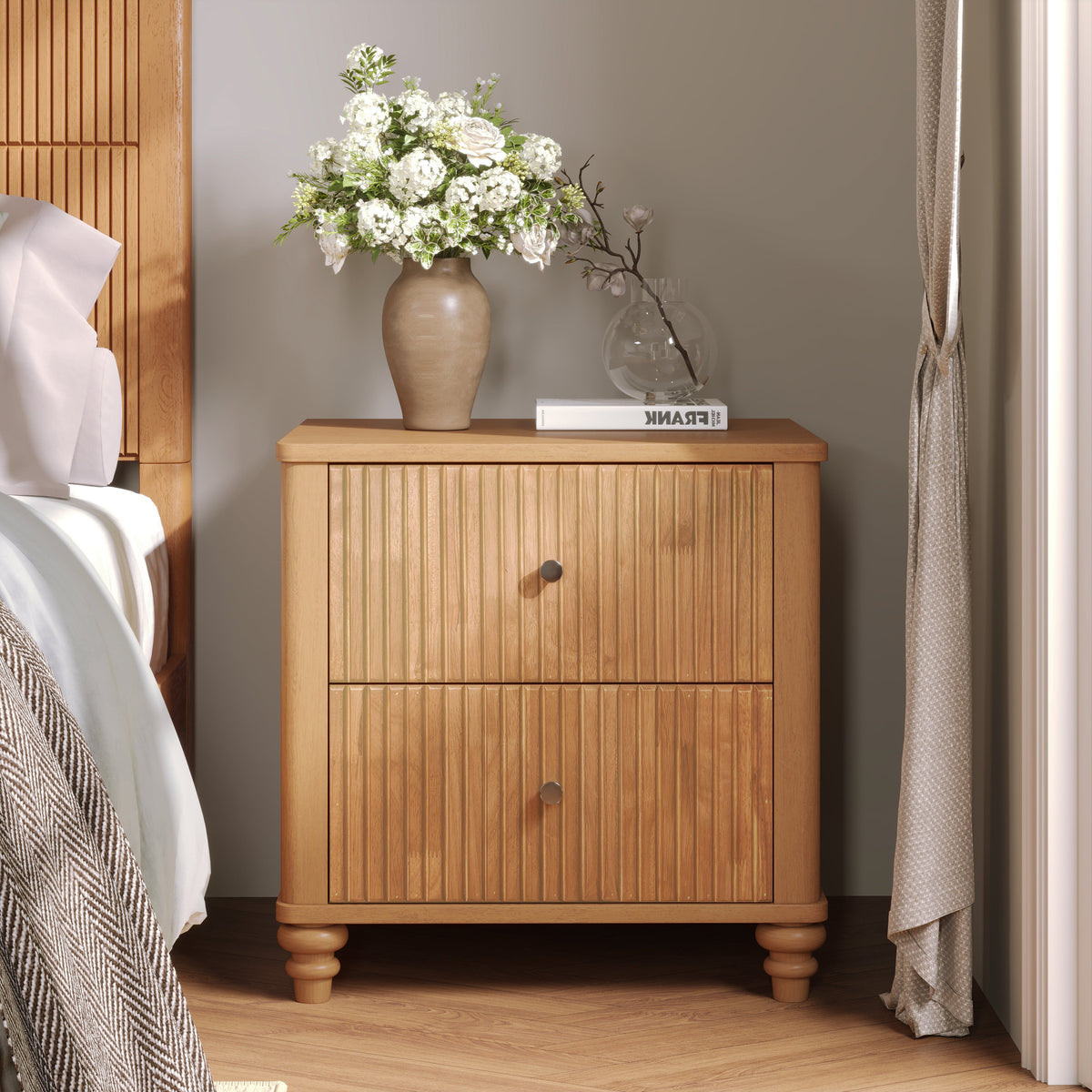 Fluted Nightstand with 3 Drawers
