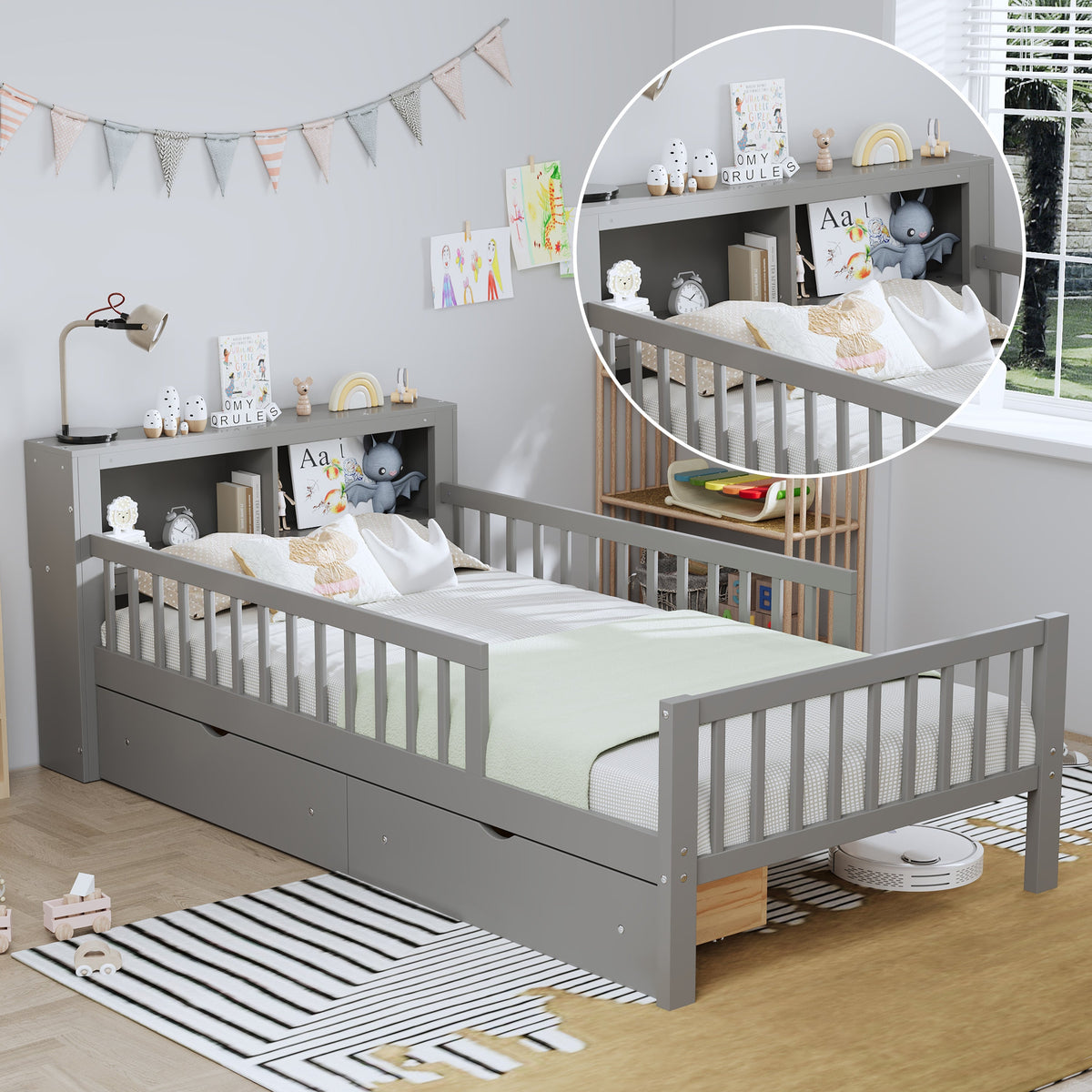 Twin Size Bed with Headboard Storage Rack and Under-Bed Drawers