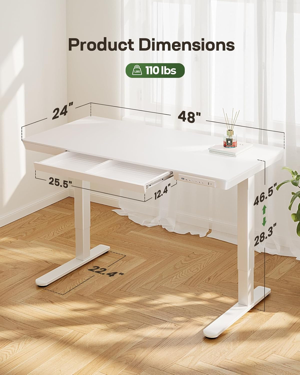 Height Adjustable Standing Desk 48x24 Inch With USB Ports And Drawer White