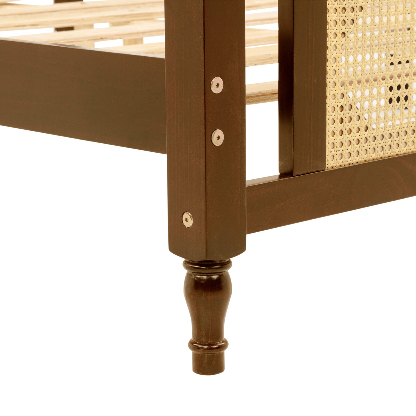 Queen Pine wooden Bed with Rattan Headboard  and Footboard, with  Central Enhanced Bed Platform,Walnut