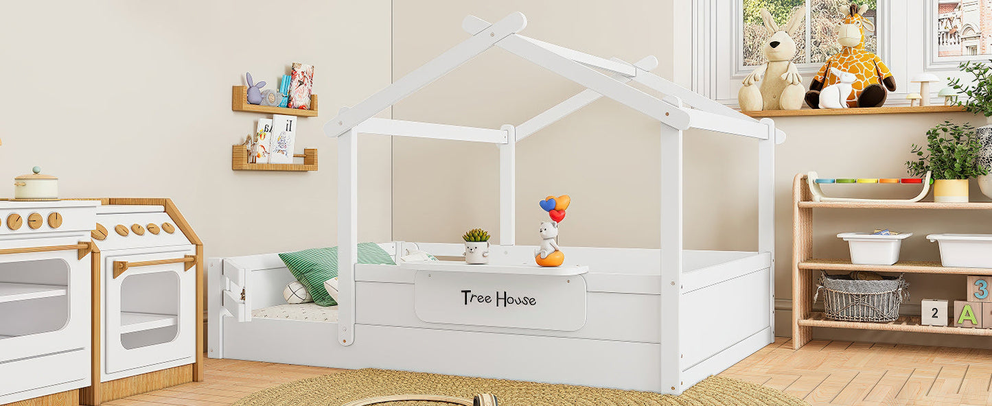 Full Size Floor Bed with Guardrails and Roof, Kids House Floor Bed with a Small Built-in Tray and Free-installed Signboard, Childlike Design, White