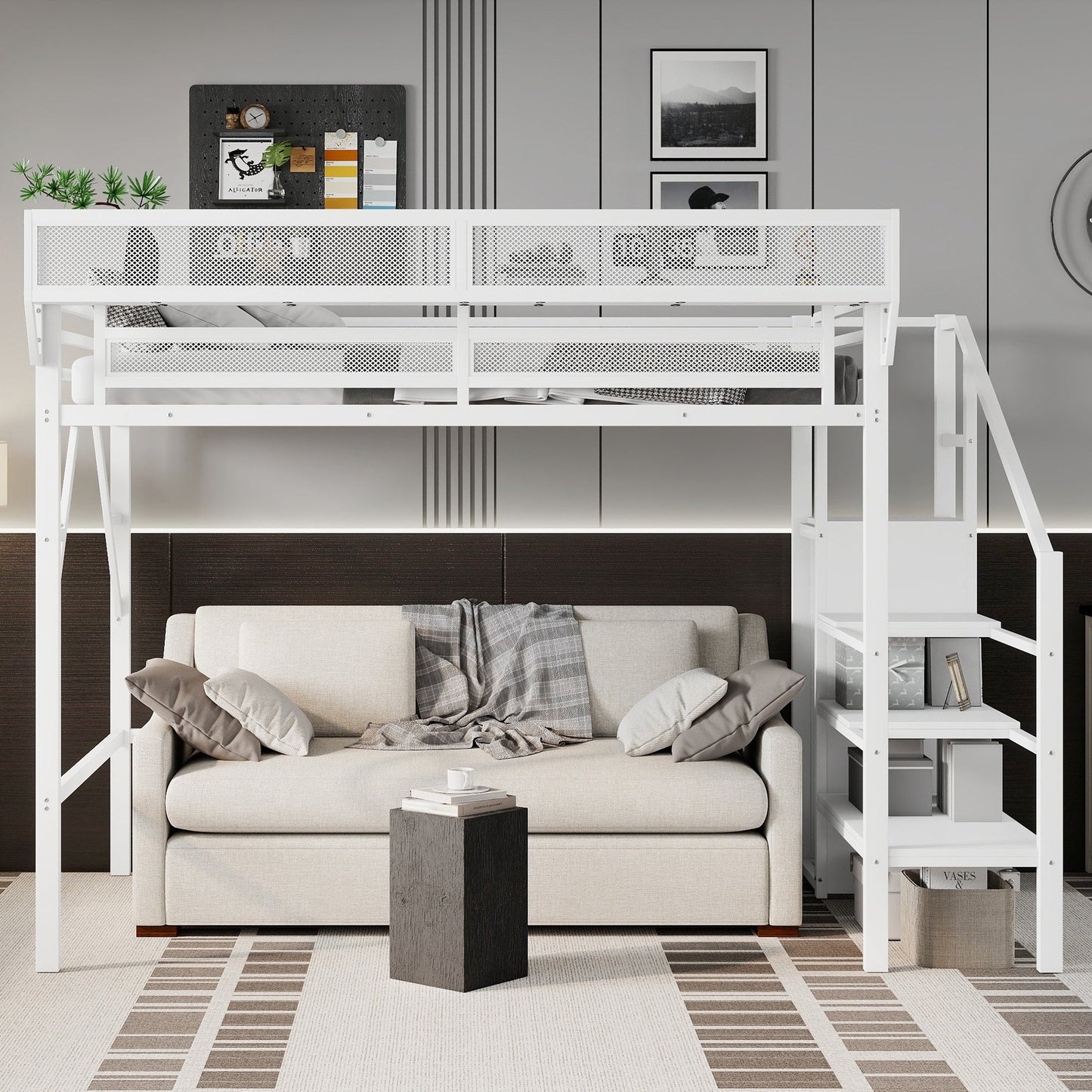 Twin XL Size Loft Bed with Stairs, Metal Full Loft Bed with Storage Shelves, High Loft Bed with Wardrobe for Kids Teens,White(Expect Arrival Date 2025/10/14)