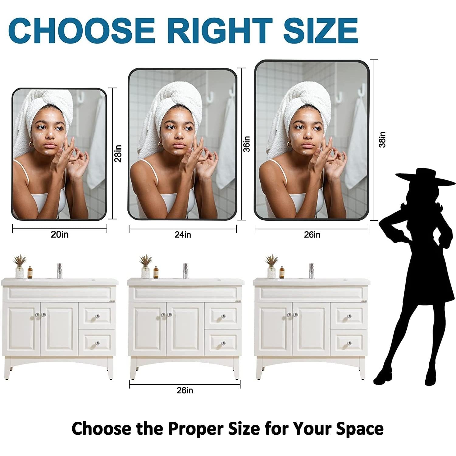 Choose the right size for the Black Metal Framed Bathroom Wall Mirror With Thin Frame, featuring 20in, 24in, and 36in options.