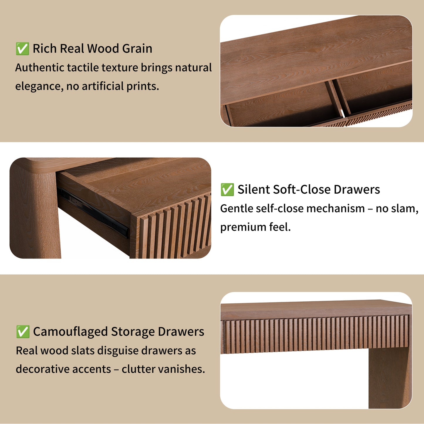 60' Modern 2-Drawer Fluted Console Table Natural Wood Veneer Sofa Table Behind Couch Table for Living Room, Hallway, Entryway, Home Office, Walnut