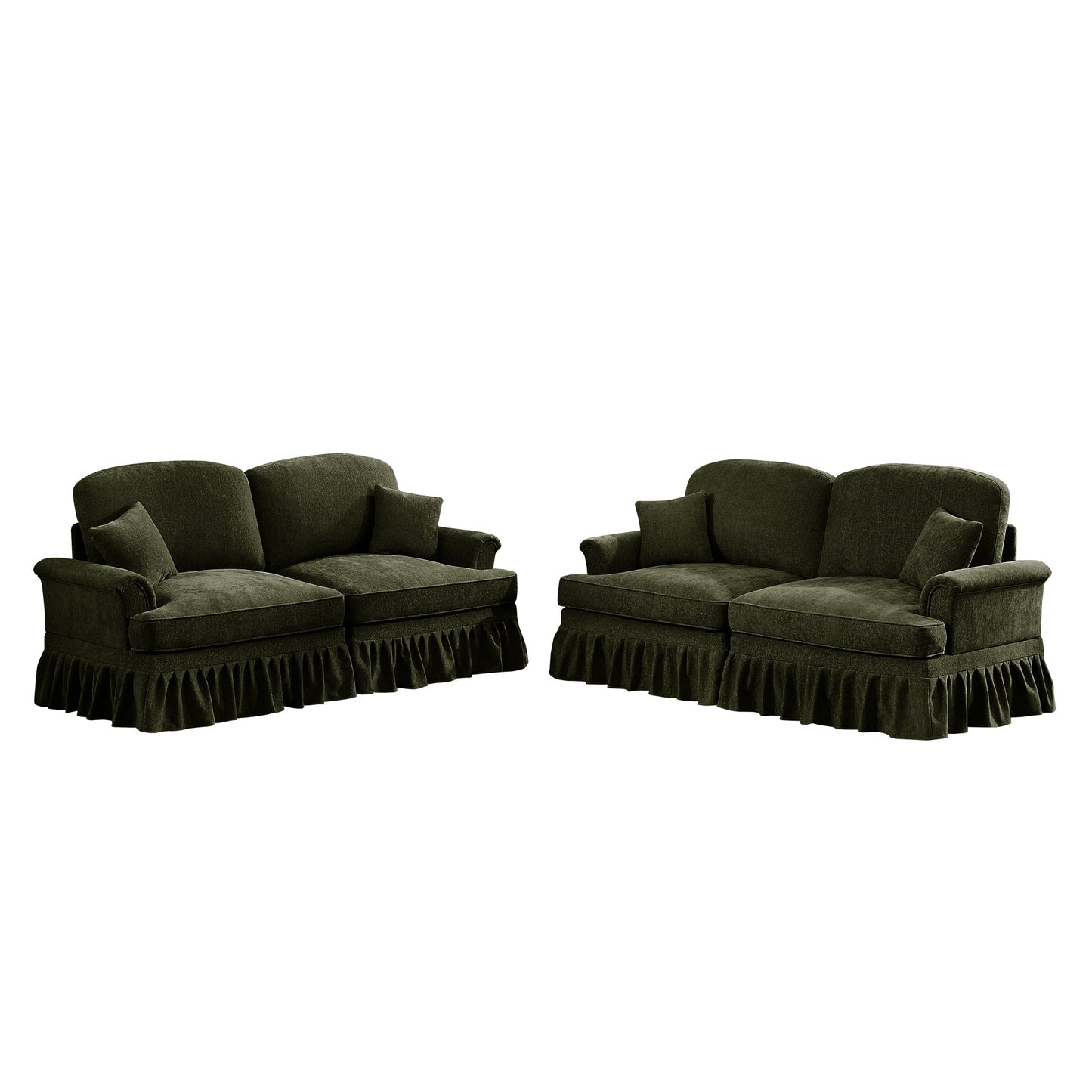 Classic 2 Piece Modular Couch Living Room Sofa Set with Flared Arms and Removable Ruffles Pleats Skirts and Spindle Legs, 2 Seater Sofa + 2-Seat Loveseat Sofa Sets for Living Room,Green