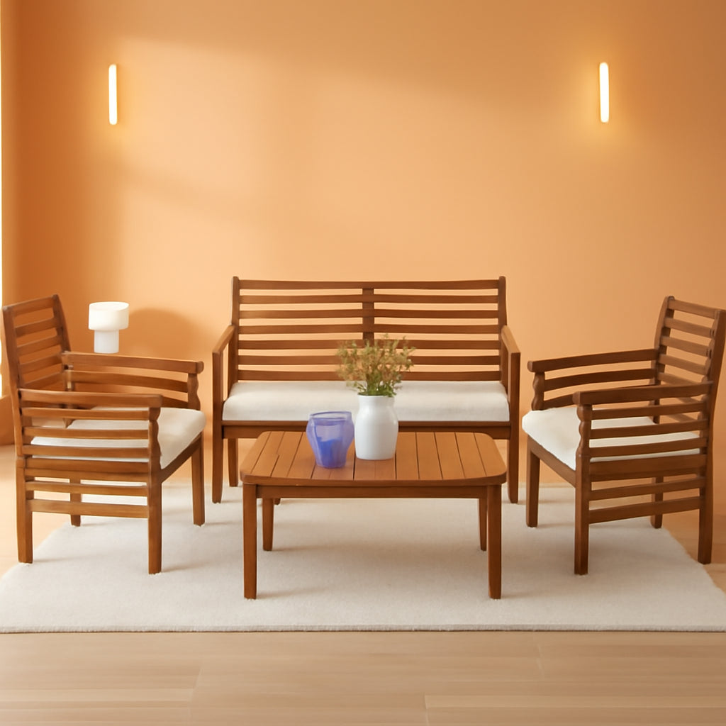 Outdoor Wood Sofa Set Natural Acacia With Thick Cushions