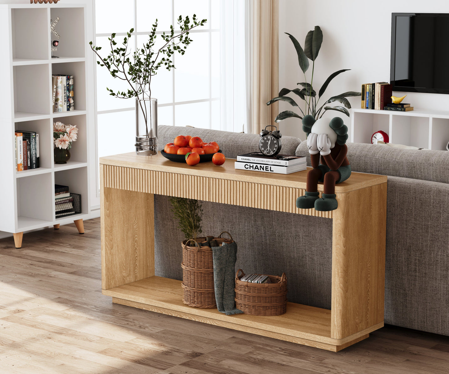 60' Modern 2-Drawer Fluted Console Table Natural Wood Veneer Sofa Table Behind Couch Table for Living Room, Hallway, Entryway, Home Office, Natural Wood