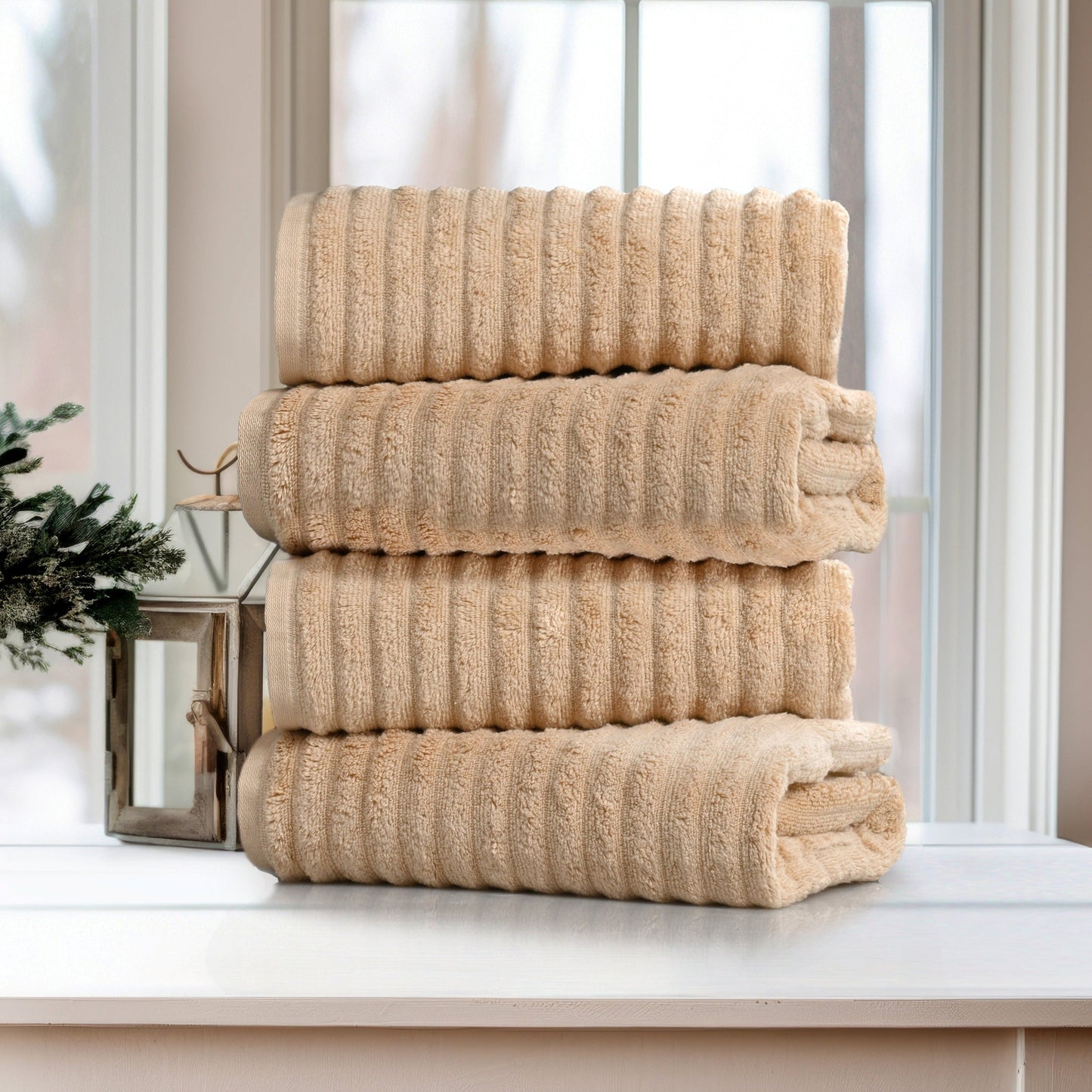Bibb Home 4 Pack Ribbed Egyptian Cotton Bath Towel Set